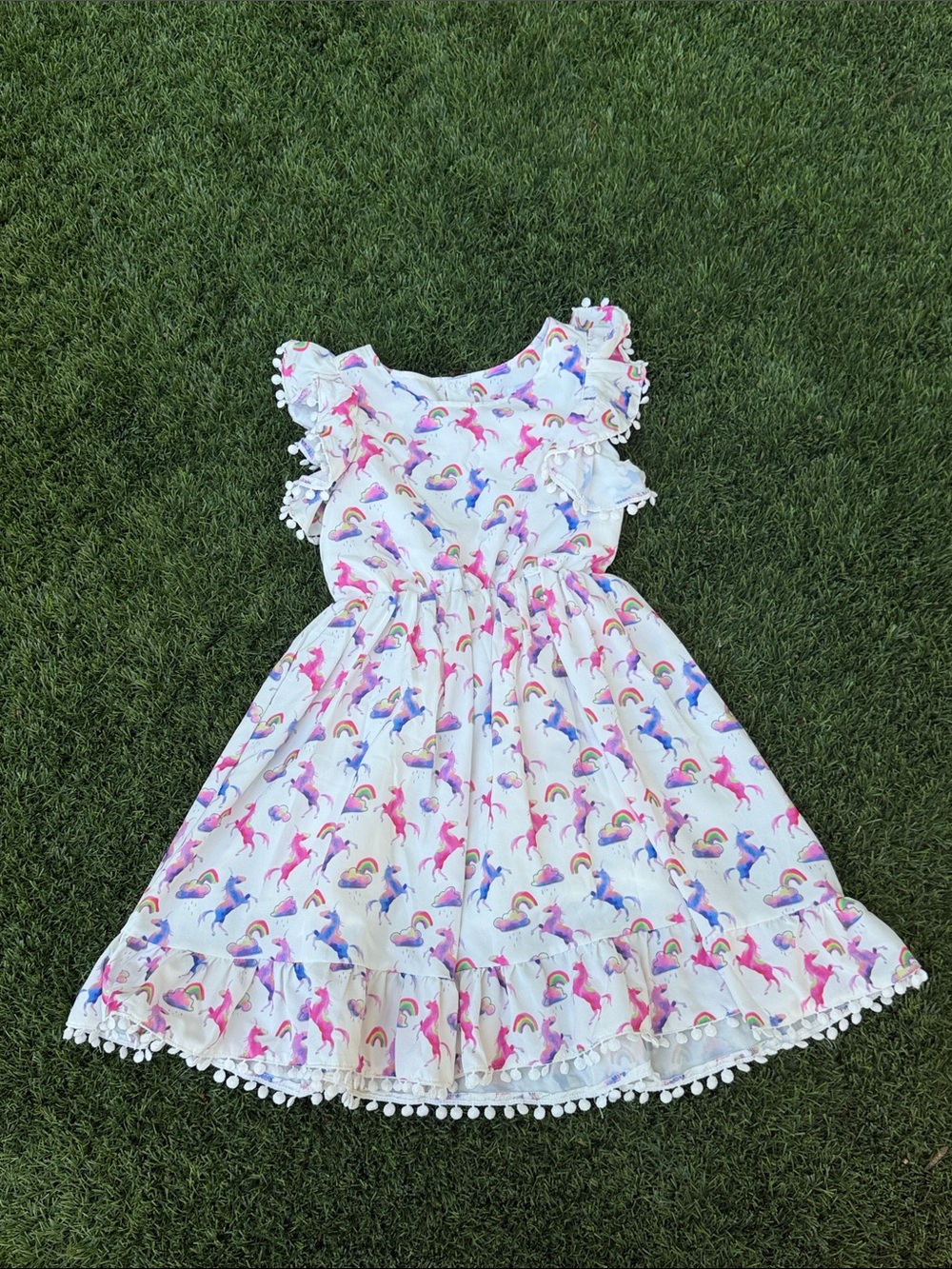 Lola + The Boys White Unicorn & Rainbow Print Dress